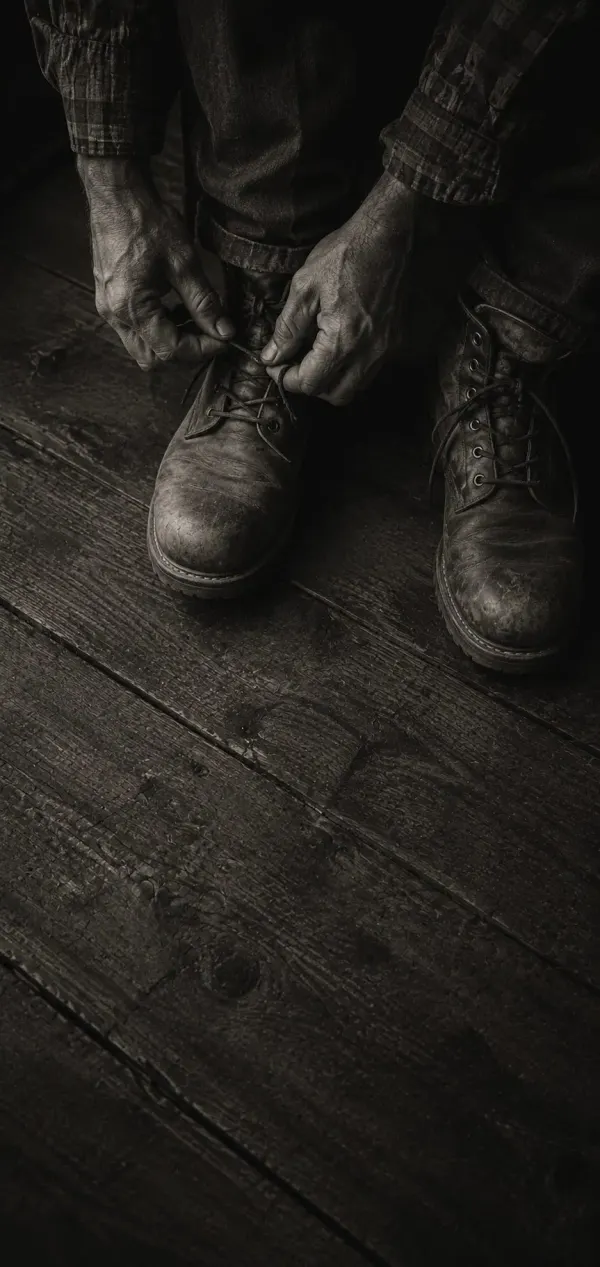 Mãos amarrando uma bota de trabalho