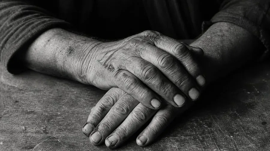 Mãos envelhecidas repousando sobre uma mesa de madeira