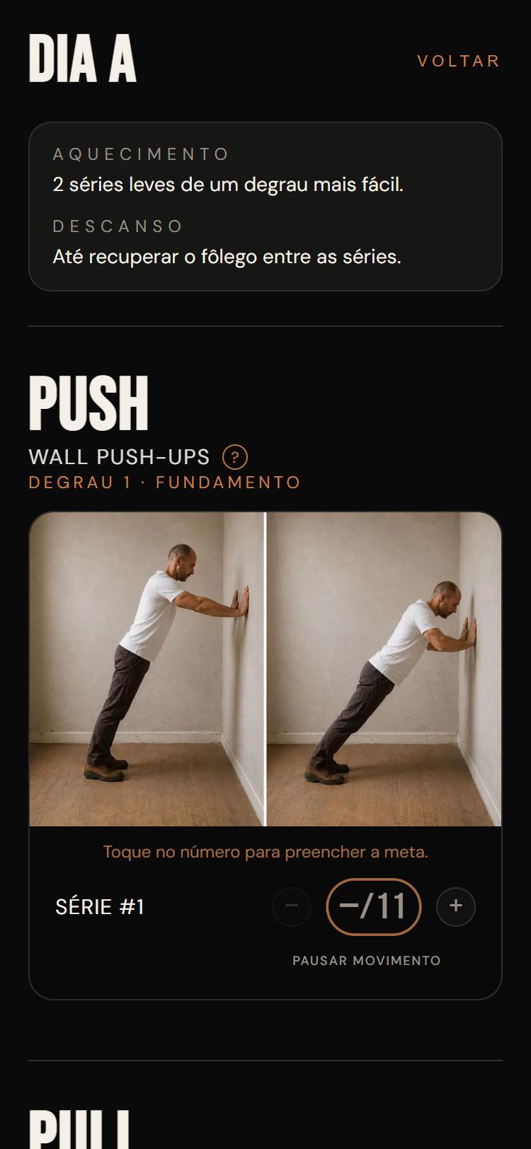 Tela de treino com a flexão na parede e a meta de repetições